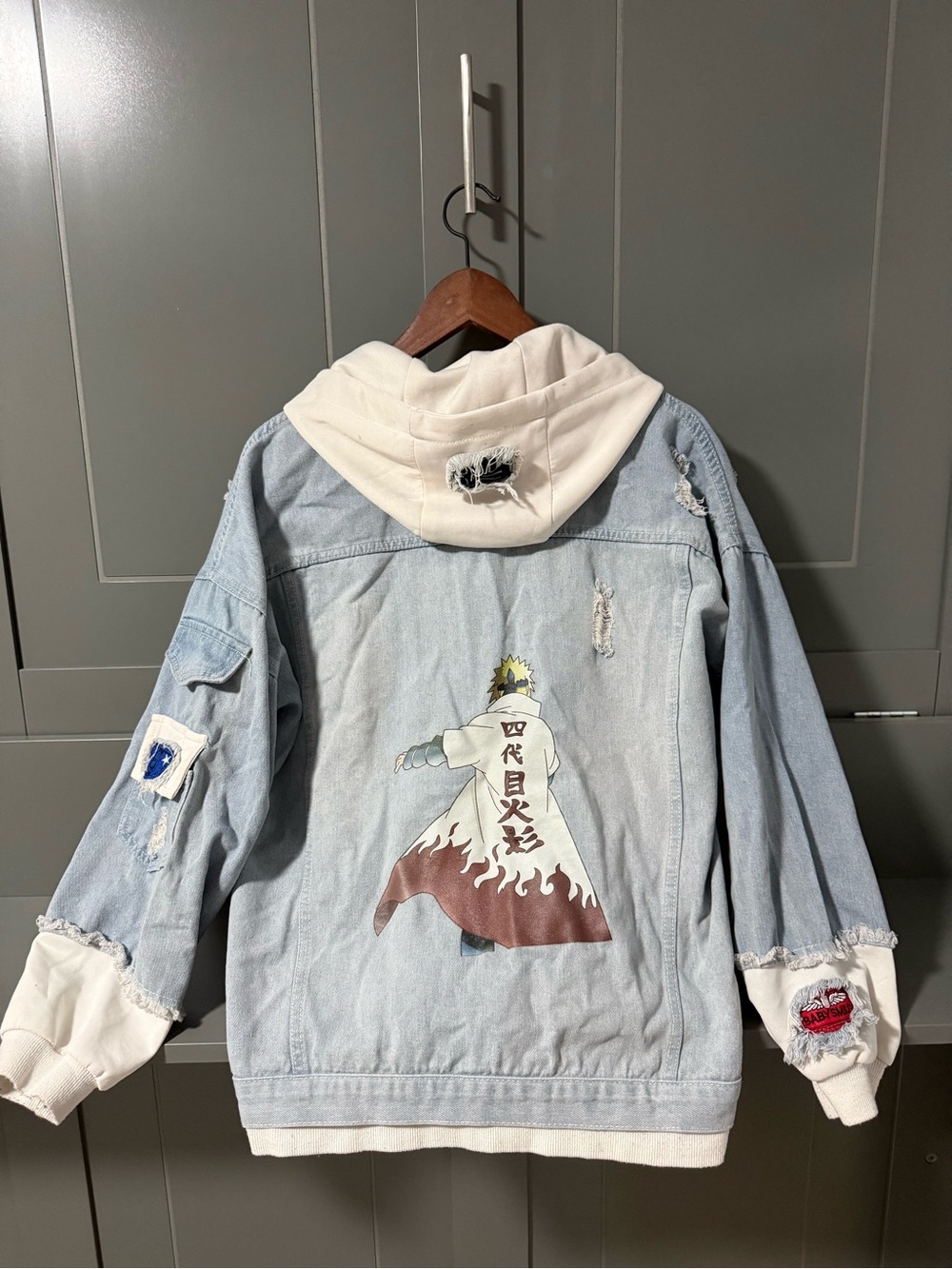 Naruto Hooded Denim Jacket Detail with Distressed Patch